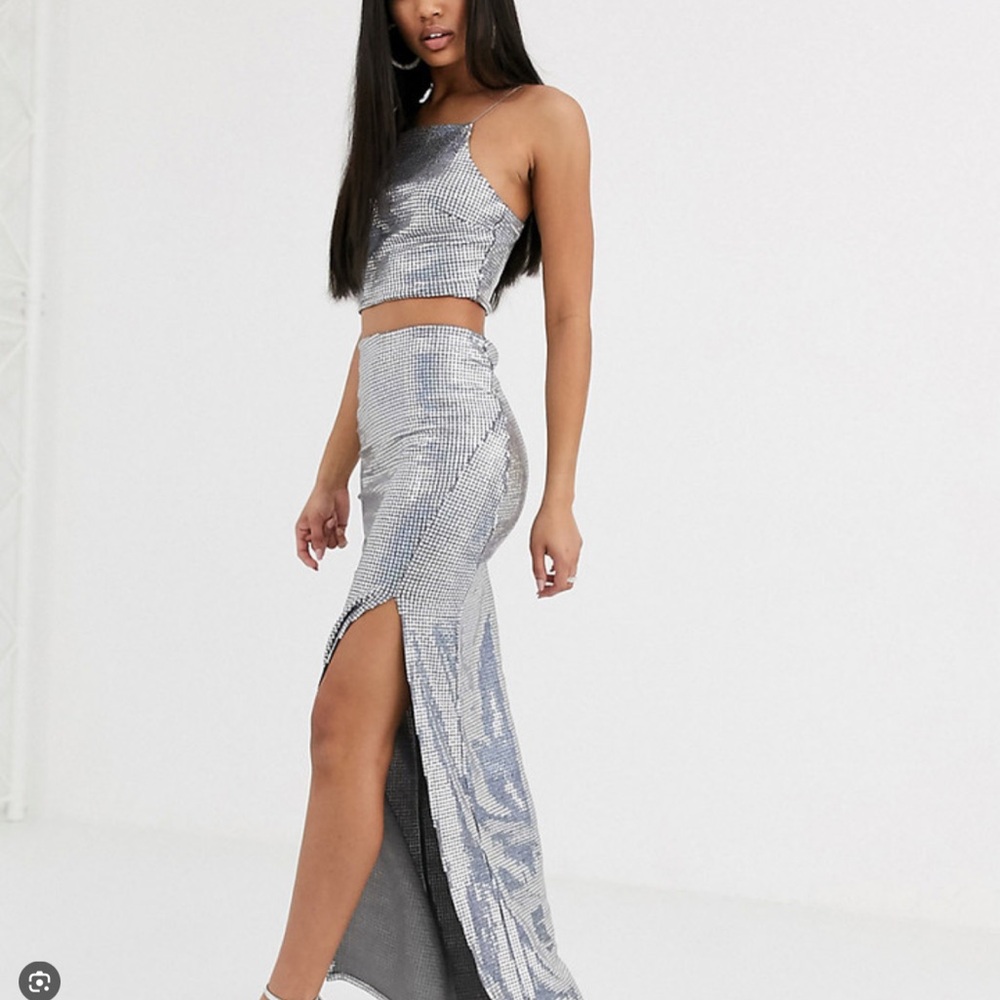Flounce London Maxi Skirt Coord in Silver NWT